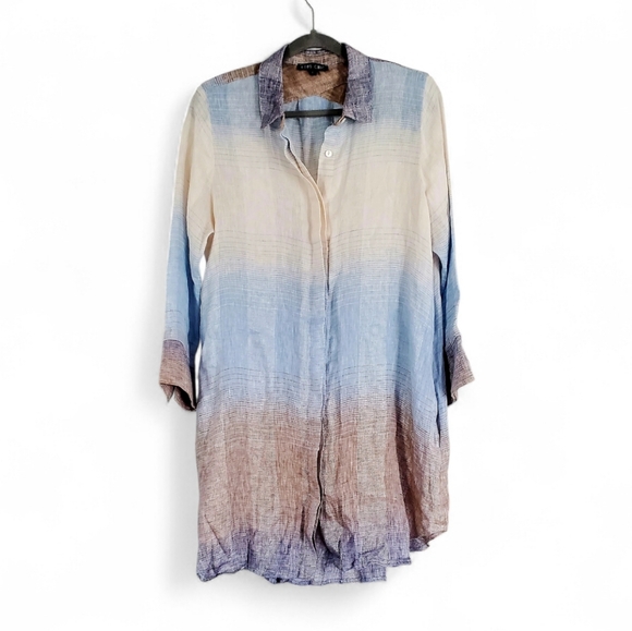 BOHO CHIC Tops - Boho Chic Linen Blue/Brown/Tan Ombre Button-Up Dress/Tunic. Large.